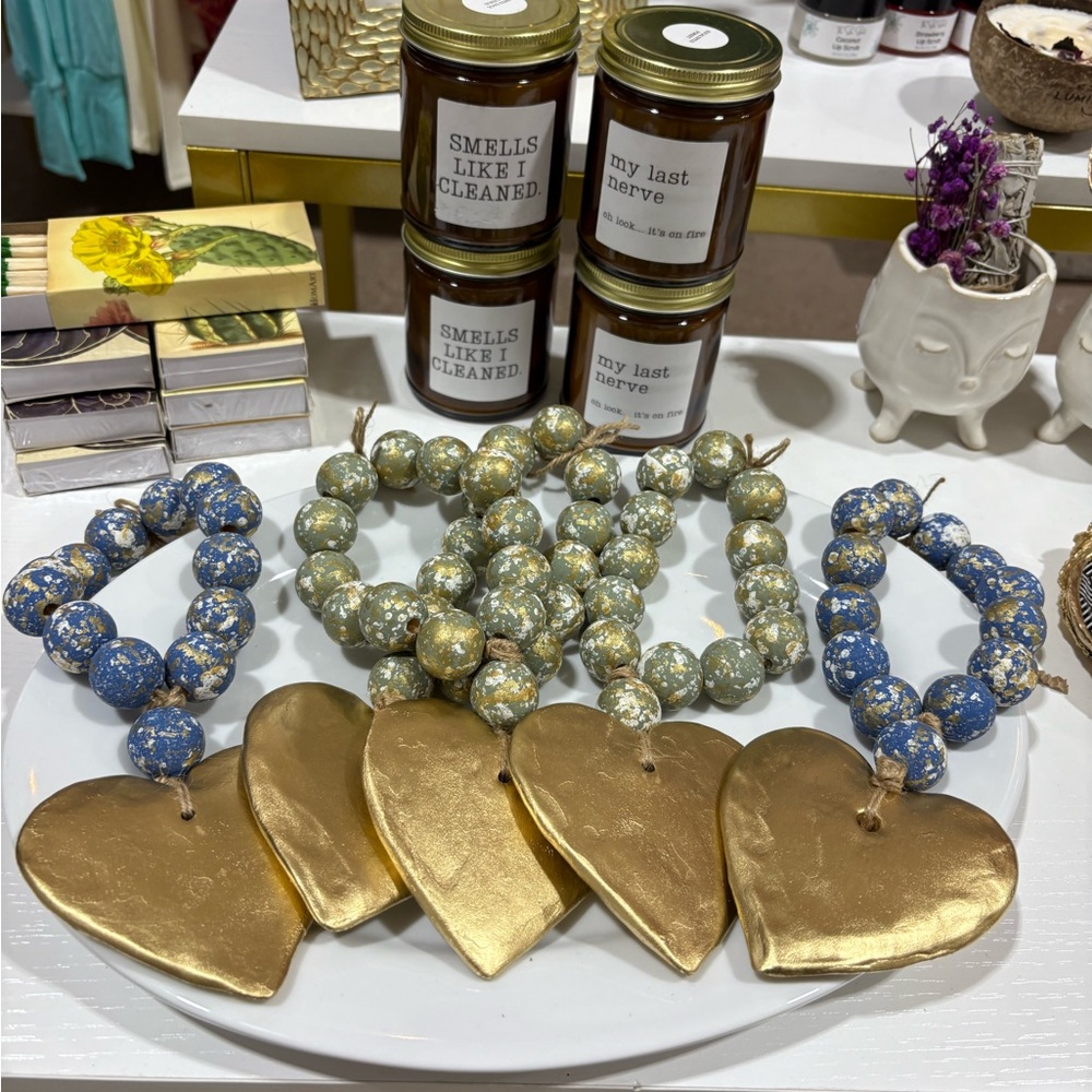 Gold Heart Ornaments with Beaded Garlands